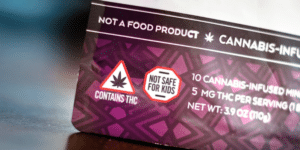 Close up photograph of cannabis product packaging from massachusetts, edibles, gummies, infused