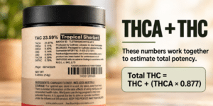 cannabis testing results and information label on the back of a cannabis product from massachusetts, thc, thca