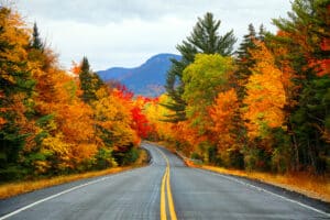 Autumn road in the White Mountains of New Hampshire in autumn.